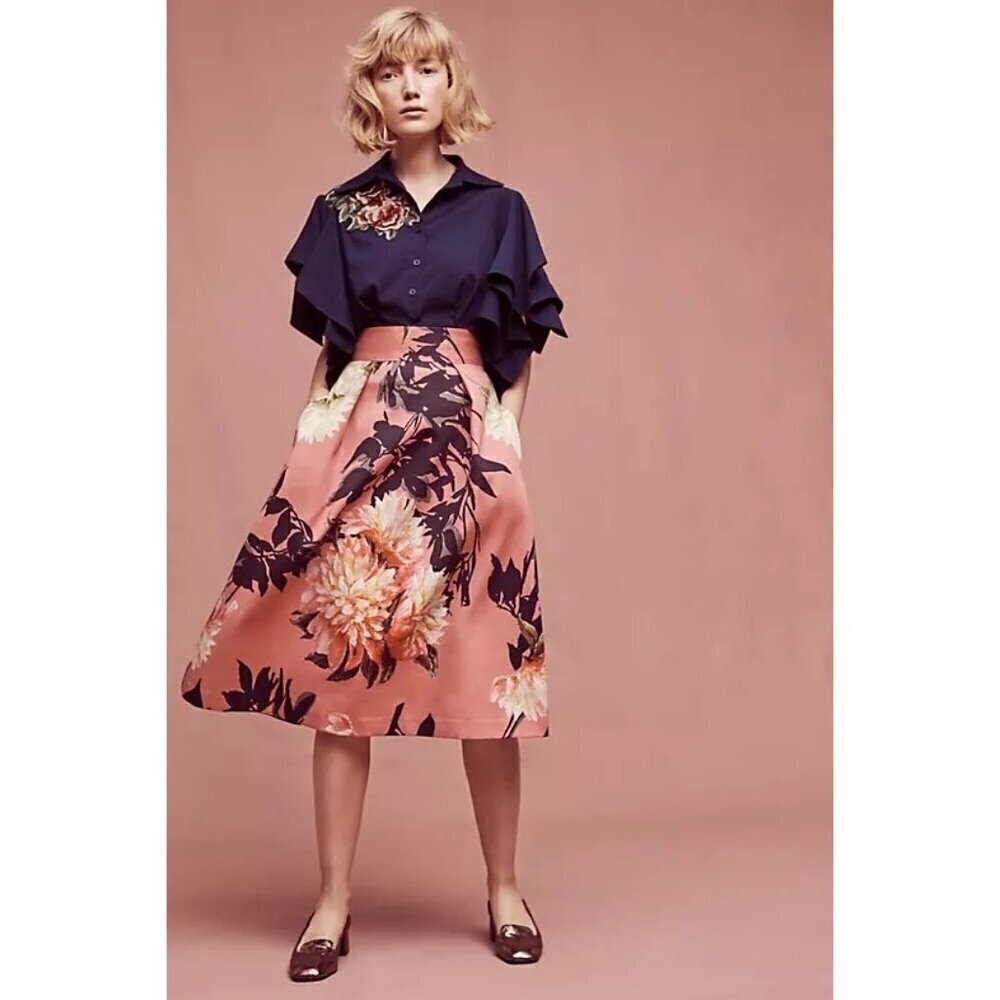 Black Halo Grand Floral Skirt Size 2 Pink Midi Pockets Fit Flare Anthropologie